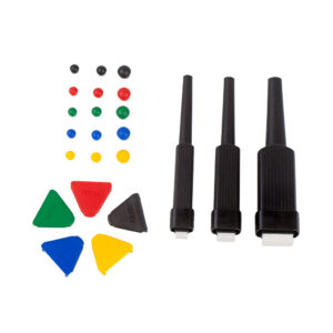 3 pincéis com ponteira + batente + tampas coloridas
